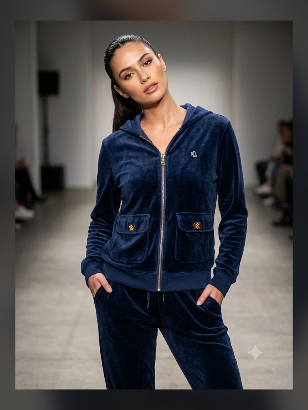 Ralph Lauren Navy Velour Zip-Up Hoodie with Gold Hardware